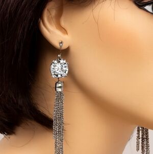 2/$30 Silver tone Circle Crystal Tassel Drop Fringed Earrings - 3.5" - Jewelry